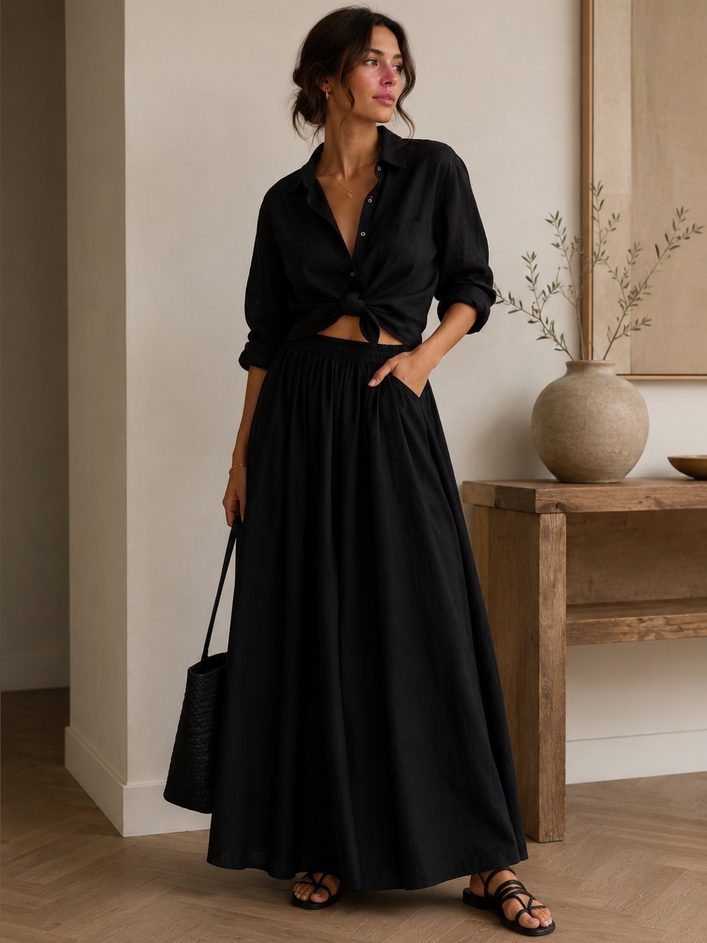 Vetch & Clover Bespoke Black Cotton Gathered Maxi Skirt | Custom